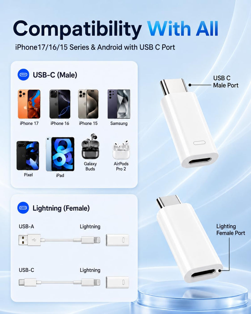 3-Pack Lightning Female to USB-C Male Adapter for iPhone 15/16/17 | Supports Charging and Data Transfer; Reuses Old Lightning Cables with USB-C Devices; Not for Audio or OTG. white