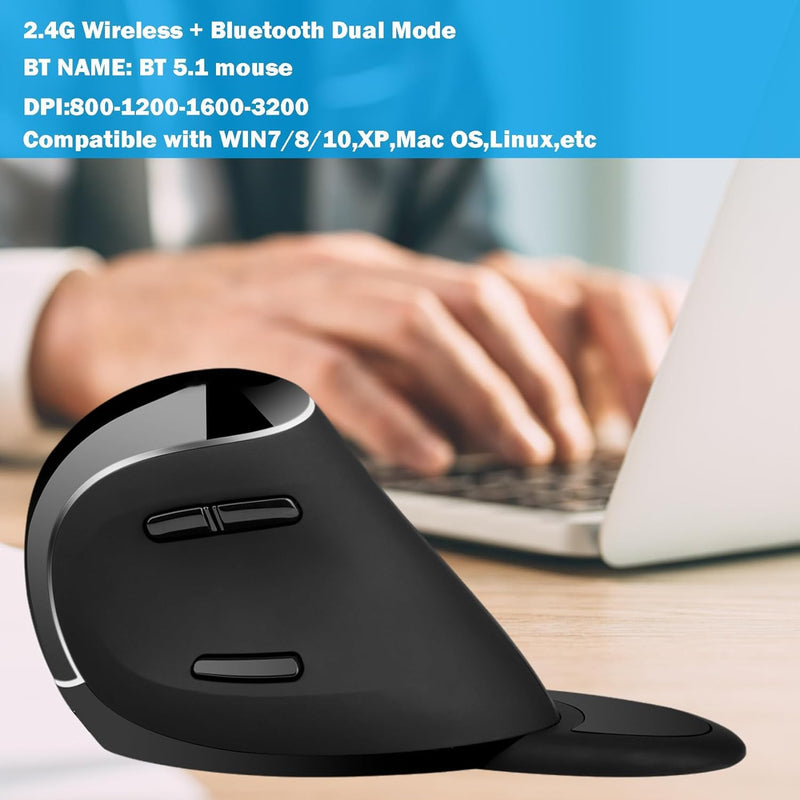 Ergonomic Vertical Mouse: 2.4G Bluetooth Dual Mode Optical Computer Mice,Wireless Rechargeable Mouse with Removable Palm Rest,Compatible with Windows and MAC OS BLACK-DUAL MODE