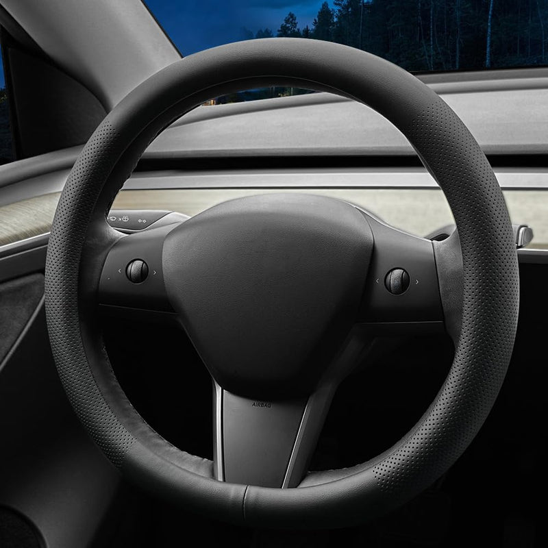 LKWLIKEI Nappa Leather Ultra-Thin Steering Wheel Cover, for Tesla Model 3/Y Steering Wheel Cover, Non-Slip Design and Interior Modification of car Accessories (Black) Black2