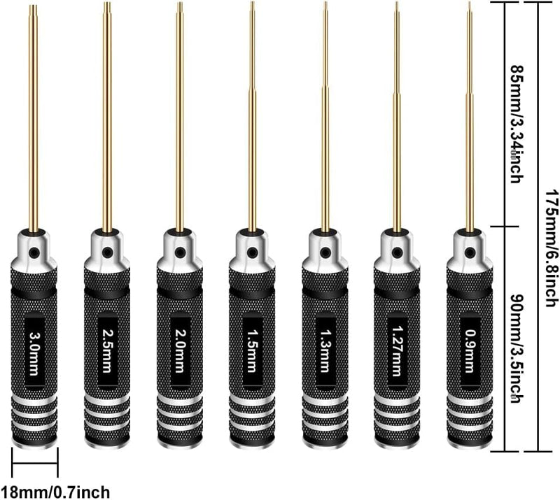 Hex Driver Set Hex Allen Screwdriver Kit 0.9mm 1.27mm 1.3mm 1.5mm 2.0mm 2.5mm 3.0mm Allen Wrench Set Titanium Hexagon Screwdriver RC Tools Kit for RC Car Drone Multi-Axis Helicopter Models(7pcs) 7pcs Screwdrivers