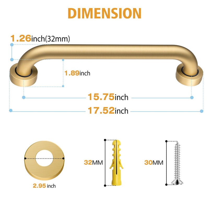 16 Inch Shower Grab Bar, 500 lb Heavy Duty Brushed Gold Stainless Steel Safety Rail for Bathtubs and Showers – Anti Slip Bathroom Grab Bar for Elderly Handicap Senior, Screw Mount Assist Handle 16 inch