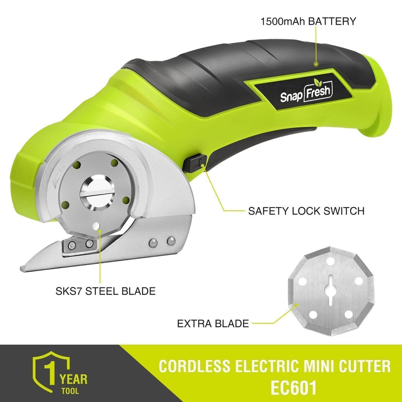 SnapFresh Cordless Electric Scissors, 4V Electric Mini Box Cutter, Carpet & Cardboard Cutter Tool with a Replacement Blade/Charger, Rotary Cutter for Cardboard Packages Leather Plastic （Green） Green