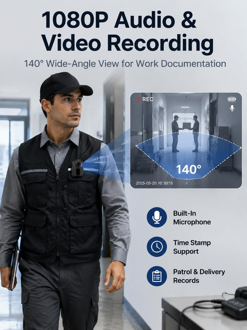 SPIKECAM 10 Hours Body Cameras with Audio and Video Recording, Real 1080P Body Cam for Security Guards, 2-Inch Screen Bodycam with Clear IR Night Vision, USB-C, 360° Clip 32G