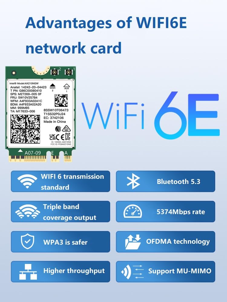 WiFi 6E AX210 NGW Wireless Card, Expand to Tri-Band 6GHz/5GHz/2.4GHz M.2 NGFF Wireless Bluetooth 5.3, AX210 WiFi Chip, Includes Ipex Cable, 8dBi Antennas and Brackets Support Windows 10/11(64 bit)