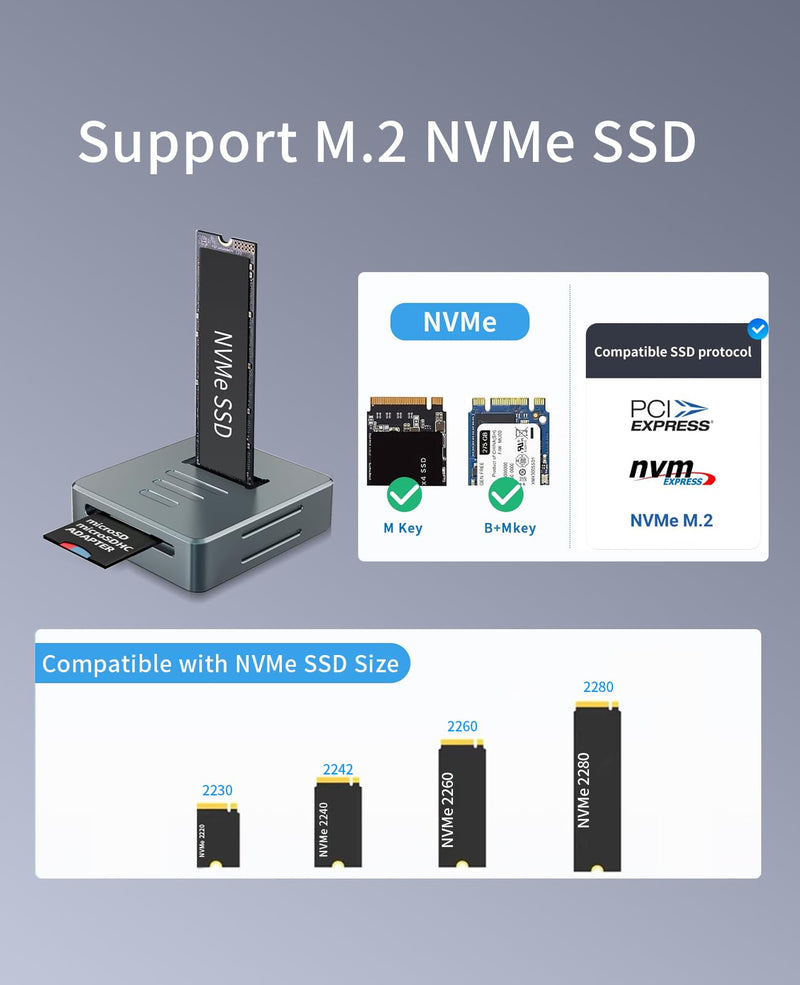 M.2 NVMe to USB Reader Adapter, 10Gbps NVMe Dock, USB 3.2 PCIe NVMe Enclosure for NVMe SSD & SD Card