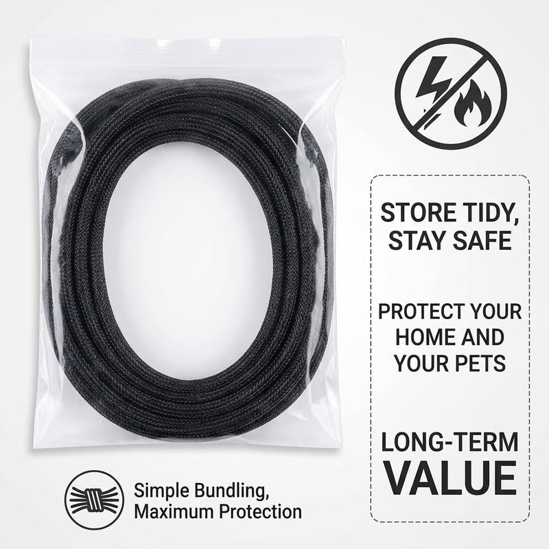 Cable Management Sleeve 10ft, Cat & Dog Chew Resistant Cord Protector, Black