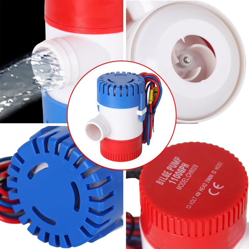 12v 1100GPH Boat Bilge Water Pump, 1-1/8 Inch Dia Boat Bilge Pump Hose Kit, 6.5 FT Kink-Free PVC Hose, 2 Stainless Steel Hose Clamps & ABS Thru-Hull Fitting, for Boats, Yachts and RVs Manual Bilge Pump+Hose Kit