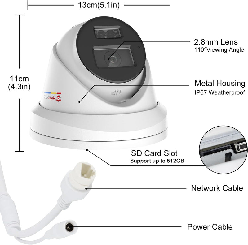 Anpviz 5MP PoE IP Camera with Audio, Full Metal Turret Security Camera Outdoor with Human Vehicle Detection, Smart Color Night Vision, 3072x1728@20fps, 114° FOV, WDR, IP67 Waterproof (H Series) 5MP White