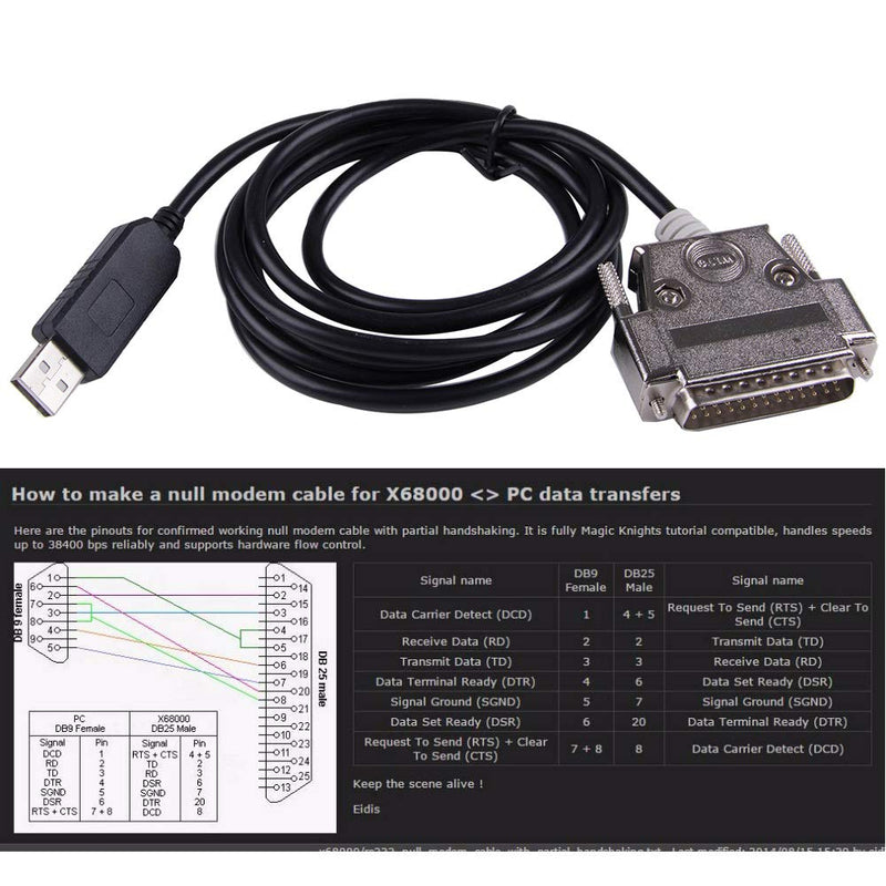 USB to DB25 RS232 Serial Adapter Converter Cable Null Modem for Sharp X68K X68000 PC Communicate Programming Cable