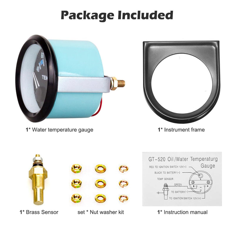 Universal 2"/52mm Water Temperature Gauge 100-250℉ Water Temp Gauge Kit DC12V with LED Light Indicator Display and Sensor for Ship Car Truck Vehicle Automotive Boat Marine (White Pointer) White Pointer