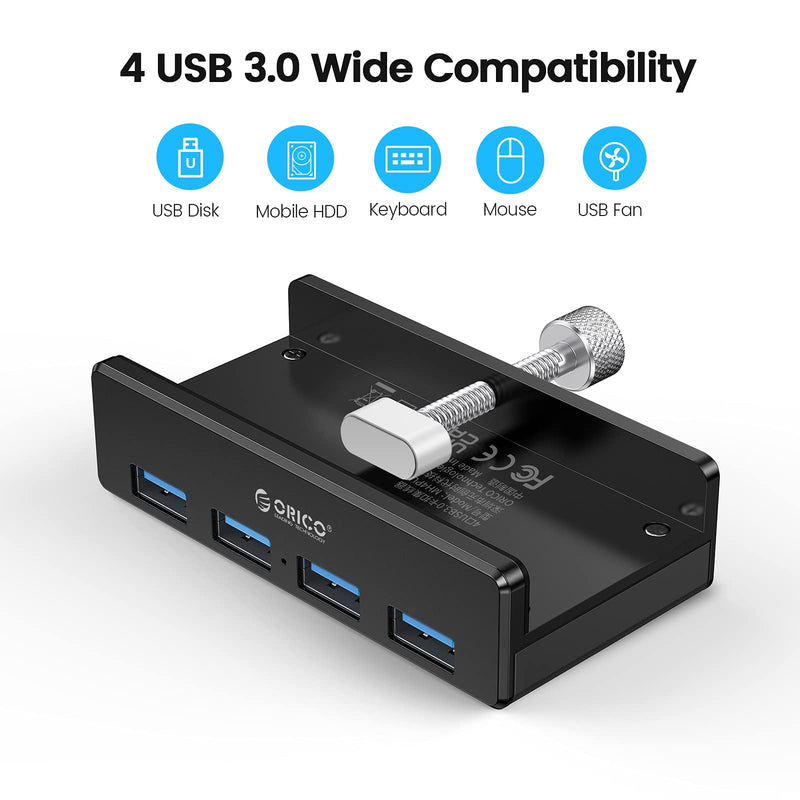 ORICO USB 3.0 Hub, USB Hub Clamp, Aluminum 4-Port USB Splitter with Extra Power Supply Port and 4.92 FT USB Data Cable, Desktop Powered USB Hub for Monitors/Desks-Black (Without Power Adapter) Black