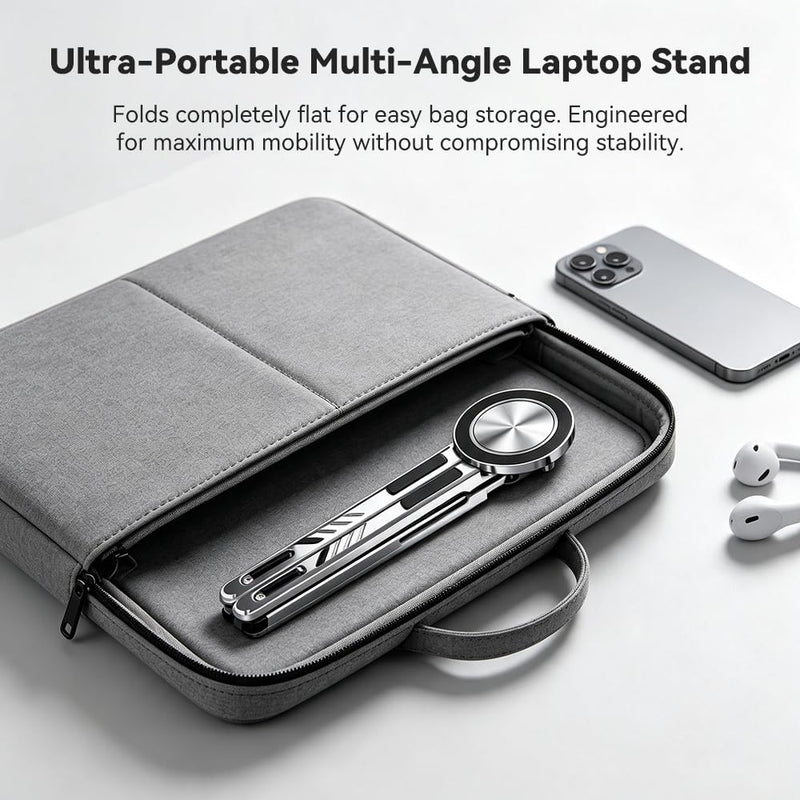 Portable Laptop Stand, Aluminum Foldable Adjustable Laptop Lifter with Magnetic Phone Stand, Compatible with 10-16 inch laptops, 4-13 inch Phones, and Tablets，(Grey)