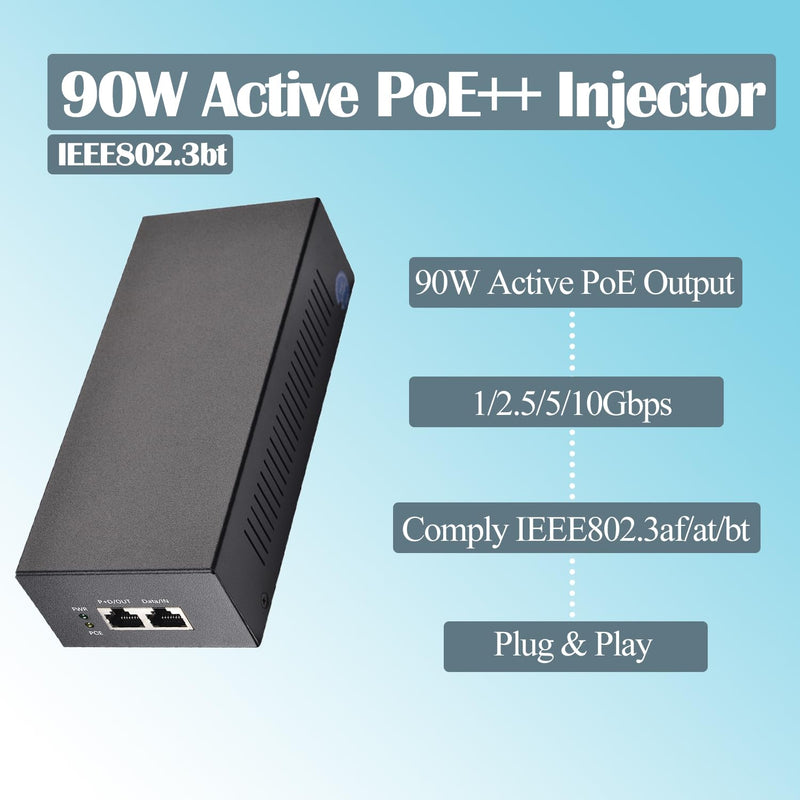 10G 90W PoE Injector, Convert Non-PoE to PoE++ Adapter, IEEE802.3af/at/bt Standard, 1/2.5/5/10Gbps Network via RJ45, Up to 100M Distance, Plug&Play (PSE90BT-10G) 10G 90W (PSE90BT-10G)