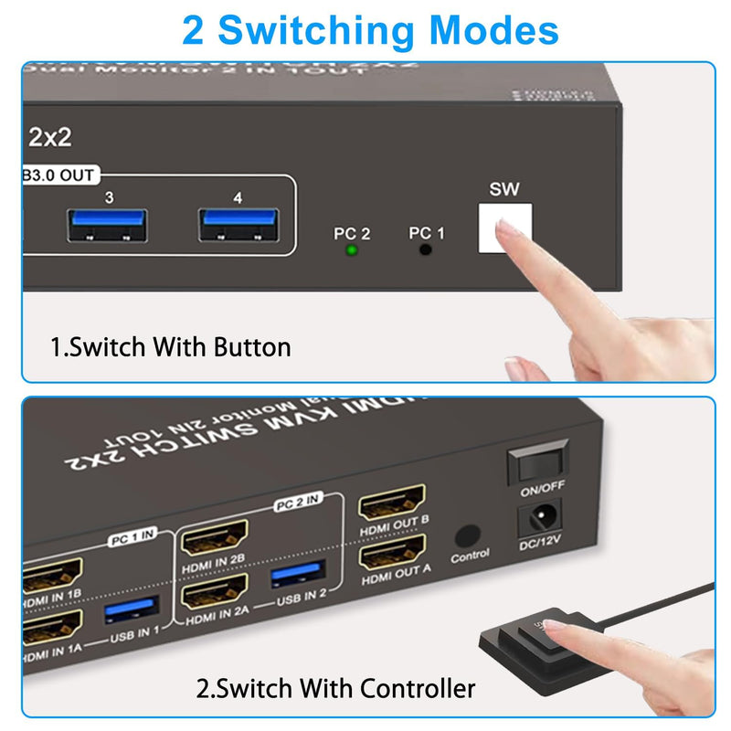 Dual Monitor KVM Switch 2 Monitors 2 Desktop Computers, HDMI 4K 60Hz HDMI USB3.0 KVM Switcher 2 in 2 Out with 4 USB Ports to Share Mouse Keyboard Printer and More black