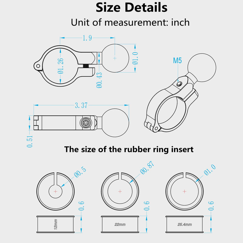 BRCOVAN Aluminum Alloy Handlebar Mount Base with 1'' TPU Ball for Round Rail Diameter 0.5'' 0.87'' 1'' 1.125'' 1.26'', Compatible with RAM Mounts B Size 1 Inch Ball Double Socket Arm R3-Set of 1