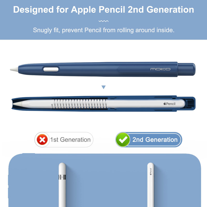 MoKo Holder Case Compatible with Apple Pencil 2nd Generation, Retractable Protective Apple Pencil Cover with Sturdy Clip, Hard PC Apple Pencil Case, Support Double-Tap, Navy Blue