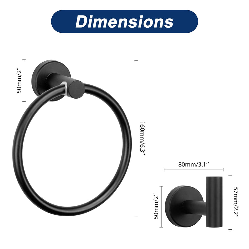 NearMoon 3 Pieces Bathroom Hardware Set, Bath Towel Ring and 2 Towel Hooks- Stainless Steel Hand Towel Hanger and Robe Hooks Accessories, Wall Mounted (Matte Black) Matte Black