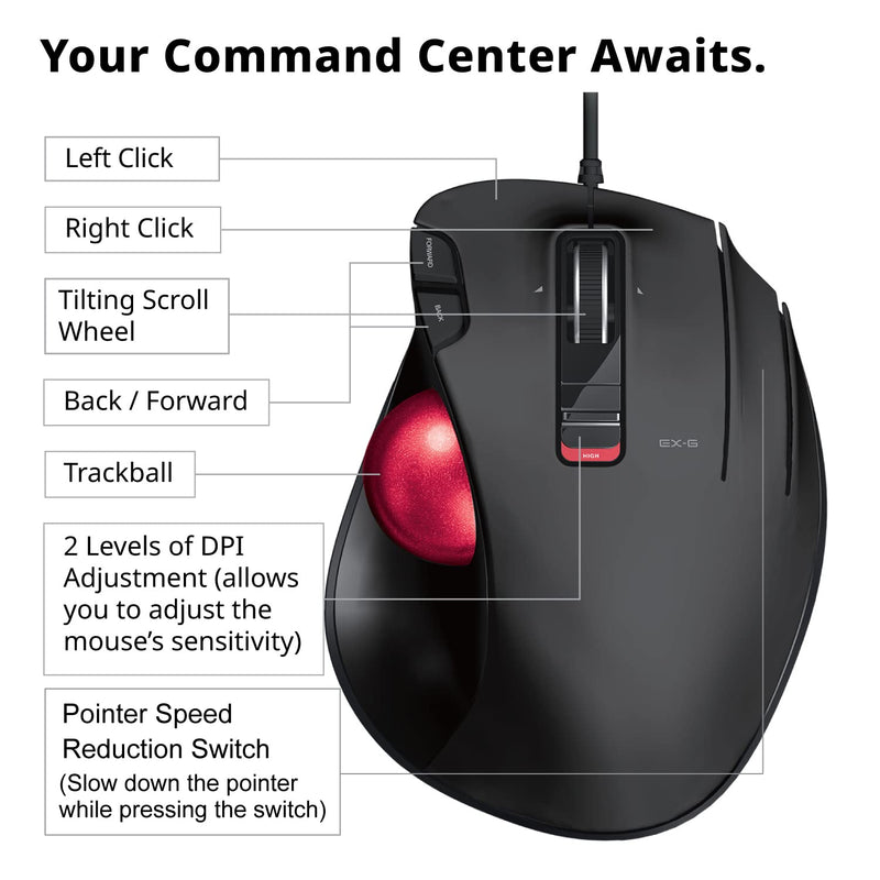 ELECOM EX-G Wired Trackball Mouse, Ergonomic Thumb Control, Smooth Tracking Roller Ball, 5 Programmable Buttons, Tilt Scroll, Computer Mice for PC Mac Red Ball (Recommended)