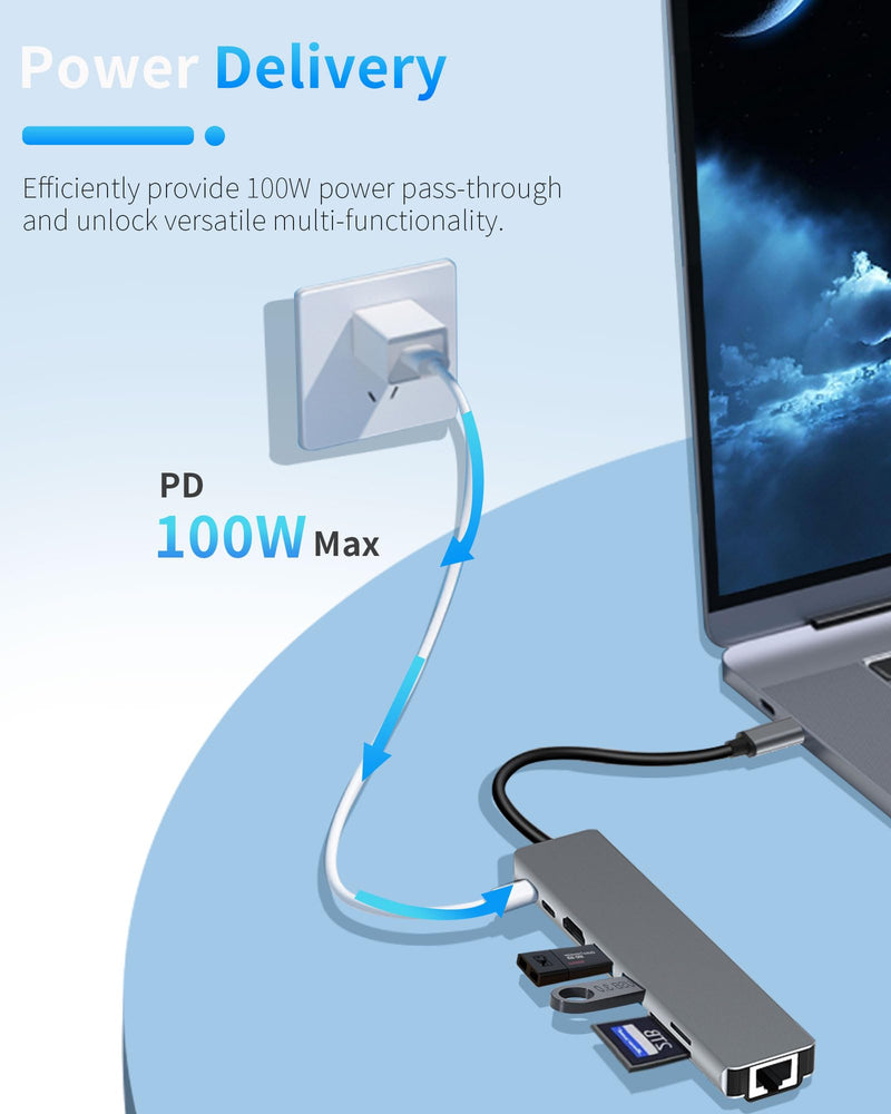 8 in 1 USB C Docking Station - 4K HDMI, 100W PD, 3 5Gbps Data Ports, TF/SD Card Reader, USB Hub for Laptop, MacBook Pro/Air/Mac/Dell/HP/ASUS/Acer/Steam Deck 8 in 1 USB C Docking Station
