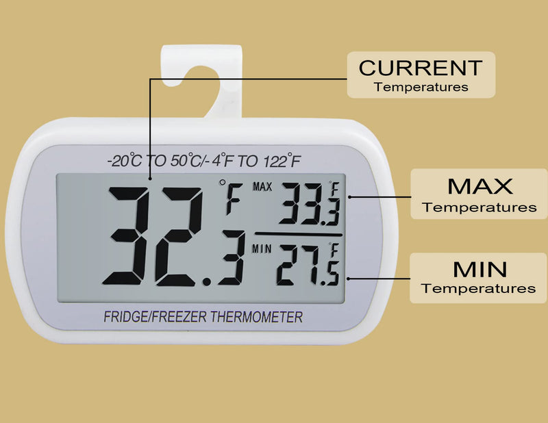 AEVETE 4 Pack Waterproof Digital Refrigerator Thermometer Large LCD, Freezer Room Thermometer with Magnetic Back, No Frills Easy to Read
