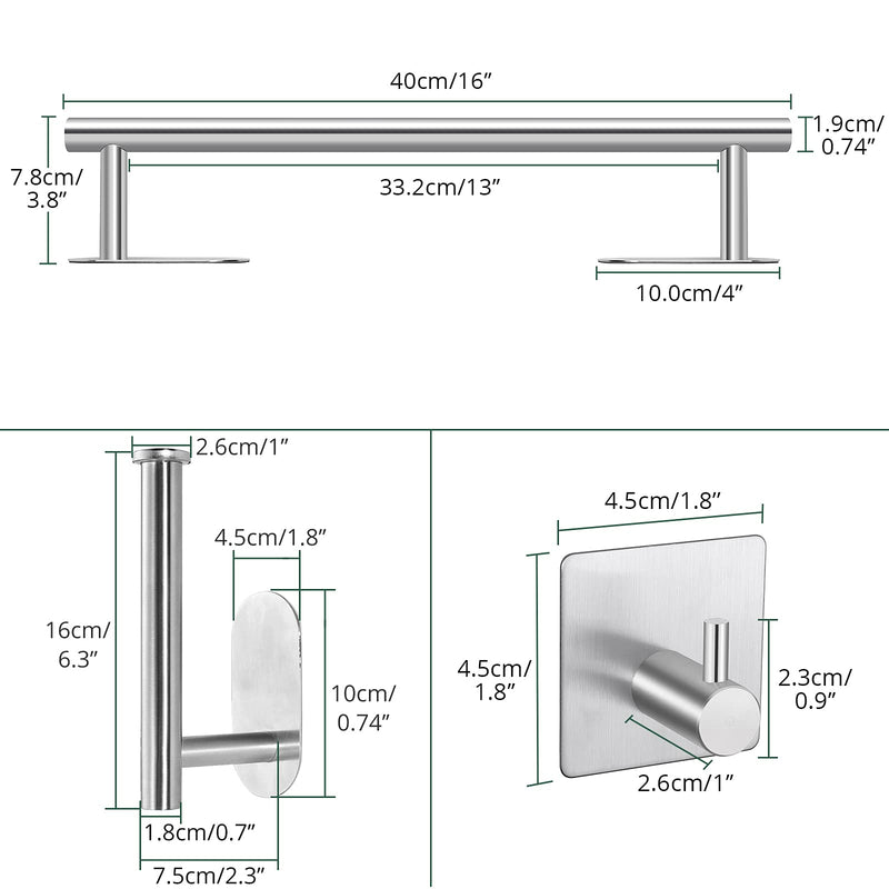 Self Adhesive Towel Bar, JiGiU Bathroom Hardware Set Include 16-Inch Bath Towel Bar,Toilet Paper Holder & 3 Packs Towel Hooks SUS304 Stainless Steel Wall Mount No Drill Sticky on Towel Holder Kit Silver