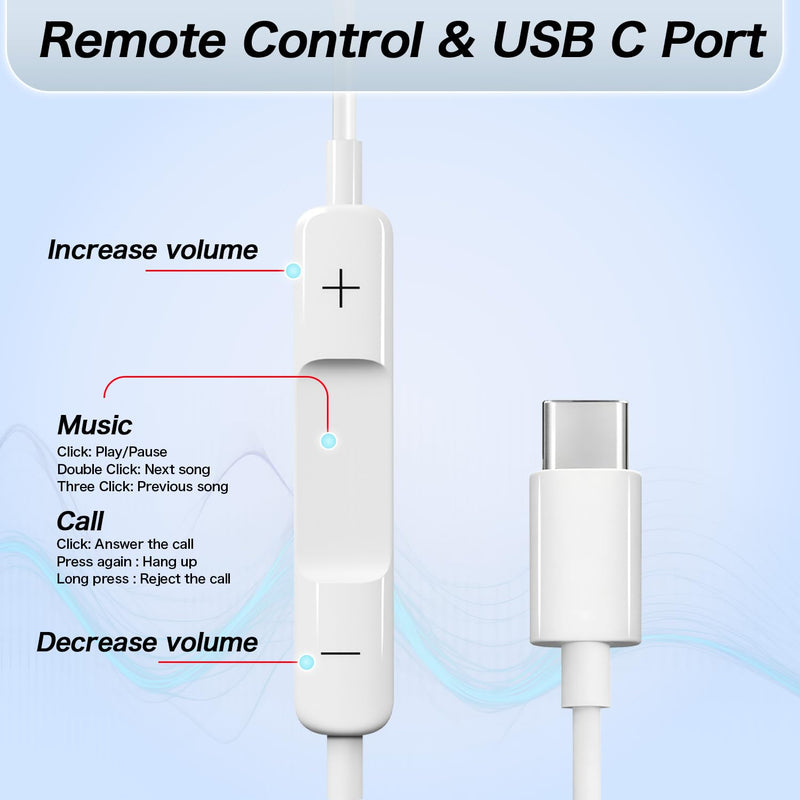 USB C Headphones Wired for iPhone 17 16 15 Pixel Galaxy | Wired USB C earphones, Plug and play, Microphone and Volume Control, Music/Call/Meeting/Jogging/Leisure/Commute WHITE