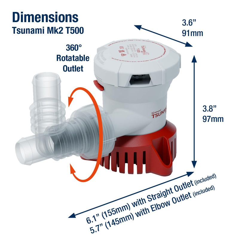 Attwood 5606-7 Tsunami Mk2 T500, 12V, Manual Bilge Pump, 500 GPH, with Fittings (Elbow & Straight), Direct Replacement for Attwood 4606-7 T500 - 12V, 500 GPH