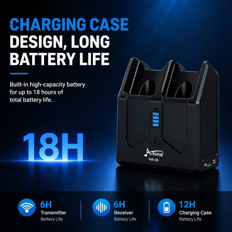 AITONE 5.8GHz Wireless Guitar System with Charging Case (AW-06) | 48kHz/24-Bit Transmitter and Receiver, <6ms Latency, 4 Channels, 65 ft Range, Up to 18H Total Playtime