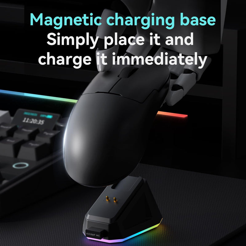 DAIDAI AJAZZ AJ159P MC Wireless Gaming Mouse, Equipped with PAW3311 Sensor, 12K DPI, 2.4G/USB-C/BT, 400 mAh Battery, Ultra-Light 56 g Design, RGB Backlight Effects, Compatible with PC and Mac, Black