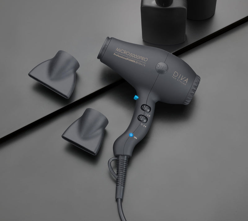 Diva Pro Styling Micro 5000 Pro Dryer - Black. Improved Power, Lightweight Micro-Size. with Macadamia Oil, Argan Oil, and Keratin for Ultra-Shiny and Smooth Hair