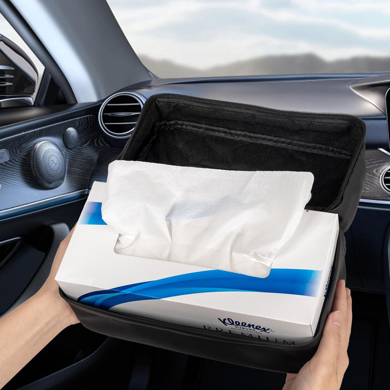 Car Tissue Holder, Standard Tissue Holder for Car Pu Leather Car Napkin Holder, Car Backseat Extra Large Tissue Organization Fit for 120-230 Tissues per Box 9.84'' x 4.72'' x 5.91'' (Black) Black