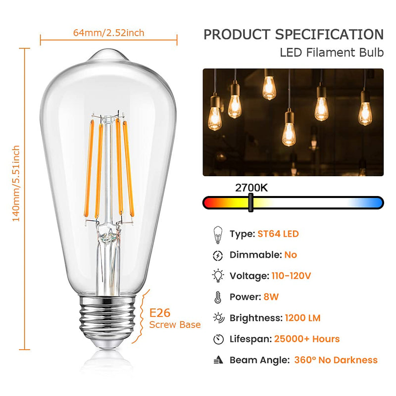 Vintage LED Dimmable Edison Light Bulbs 100W Incandescent Equivalent, 8W 1200Lumens, E26 Base LED Filament Bulb, 2700K Warm White, ST64/ST21 Antique Clear Glass for Home, Reading, Bathroom, 4-Pack Clear Warm White