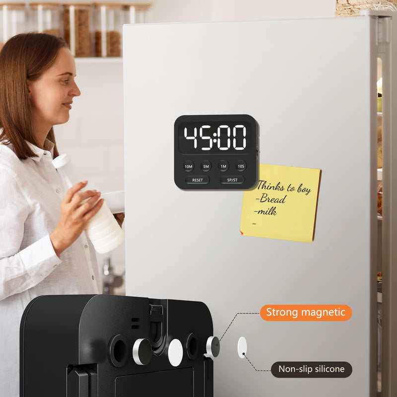 Digital Kitchen Timer with Stopwatch and Countdown Function - Magnetic Classroom Timer for Kids with Large LED Display and Adjustable Volume for Cooking, Exercise, Baking, Desk Black