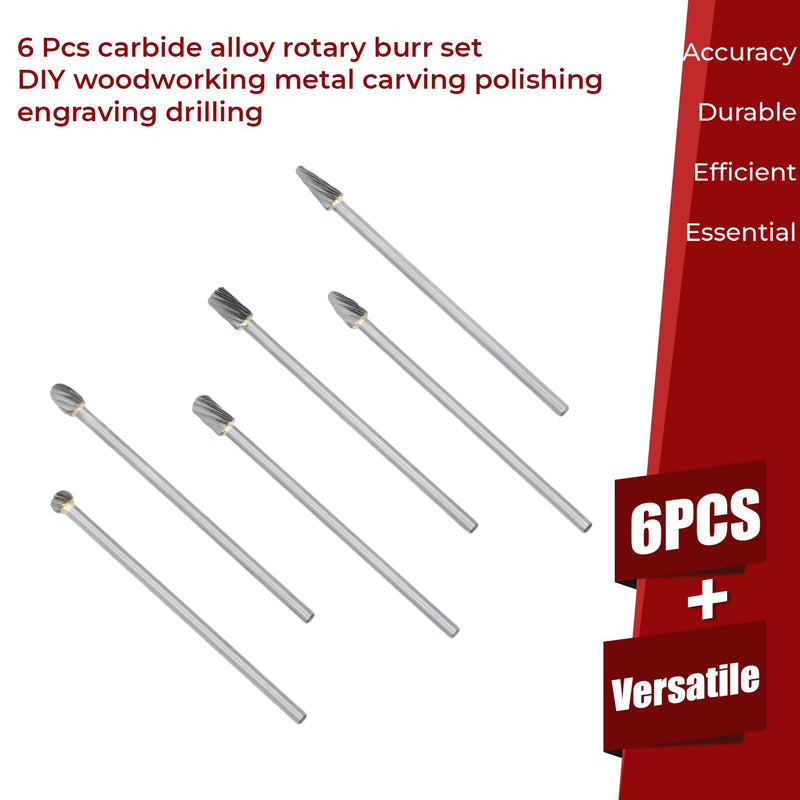 findmall 6Pcs Carbide Alloy Rotary Burr Set 6mm(1/4") Shank 10mm Head 150mm Length for DIY Woodworking Metal Carving Polishing Engraving Drilling