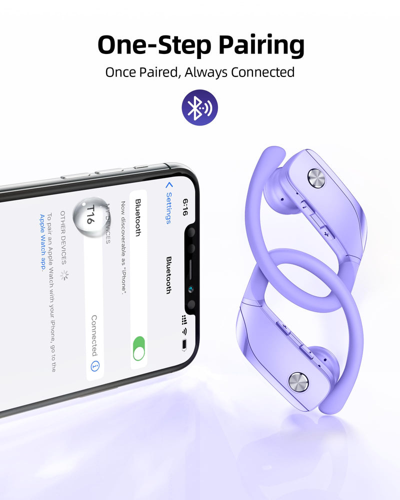 Wireless Earbuds Bluetooth Headphones Over Ear Hooks Ear Buds with 80H Playtime, LED Power Display, Dual Mic Clear Calls, Sports Wireless Ear Buds Bluetooth Earbuds for Running Gym Workout (Purple) Purple
