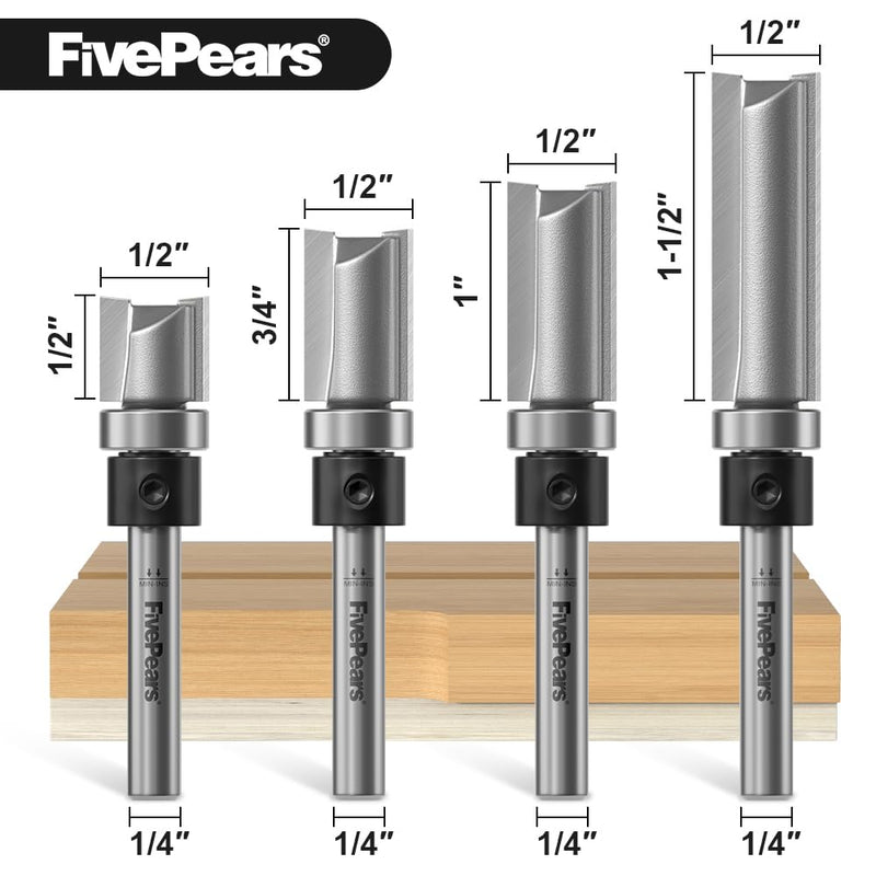 FivePears 4 PCS Pattern Flush Trim Router Bit Set 1/4 Inch Shank, Top Bearing Flush Cut Trim Router Bit for Woodworking, Cutting Diameter: 1/2", Cutting Length: 1/2", 3/4", 1", 1-1/2" Shank Size: 1/4" Cutting Diameter: 1/2" 4pcs