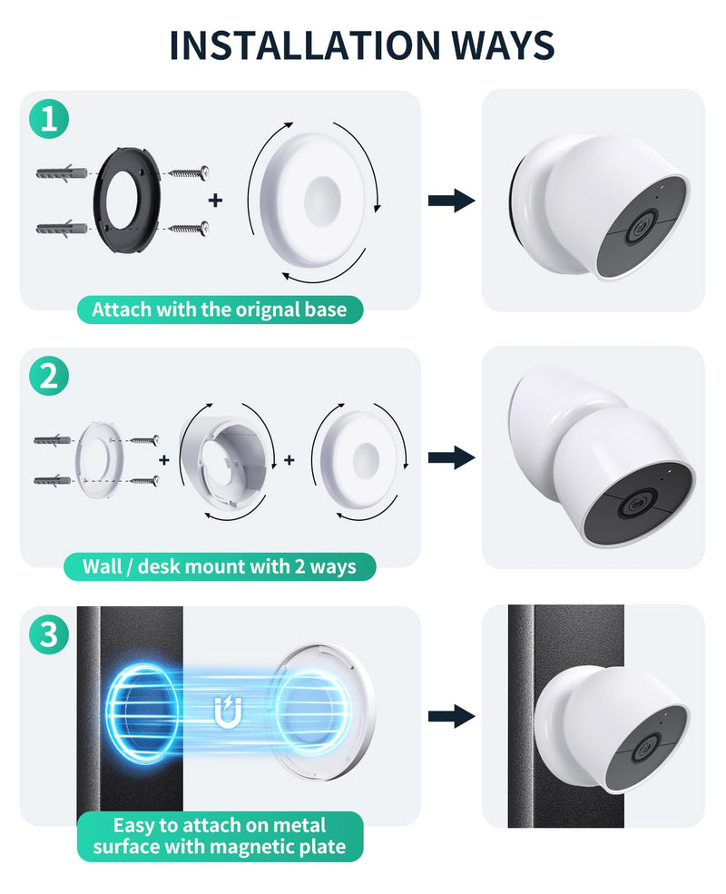 Magnetic Wall Mount for Google Nest Camera Outdoor or Indoor Battery Gen 2 | Desk Stand/Adjustable Security Wall Mount/No Drilling Mount/4 in 1 Wall Desk Stand Camera Holder/90° View Angle/White