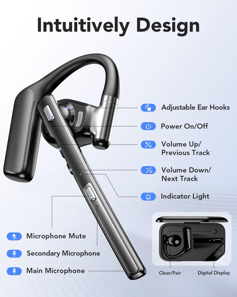 Bluetooth 6.0 Open-Ear Headset with Noise-Canceling Microphone | 96-Hour Talk Time, 950mAh Charging Case and Mute Button for Truckers, Work, iOS, Android and Laptops Black