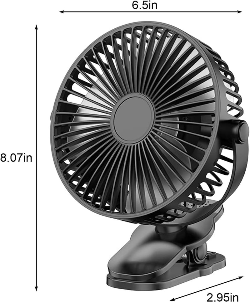 Compact Clip on Fan, 6 Inches - 5000mAh Rechargeable Battery Operated Fan for Baby Stroller, Personal Outdoors, Car Seat, Gym - Black