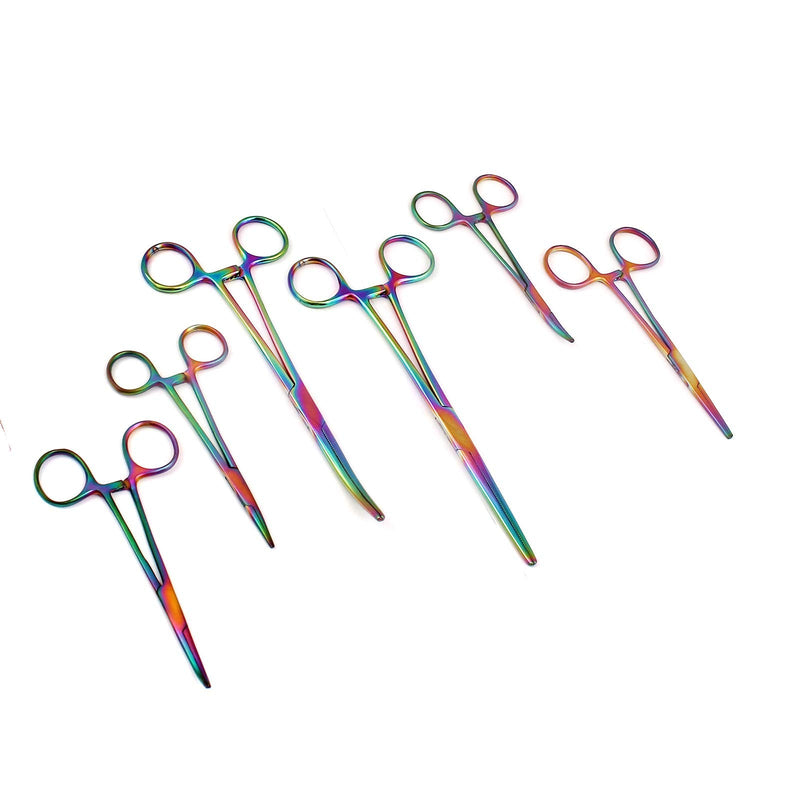 Multi Color Rainbow Color Ultimate Hemostat Set, 6 Piece Ideal for Hobby Tools, Electronics, 8", 5.5", 5" hemostats Curved and Straight