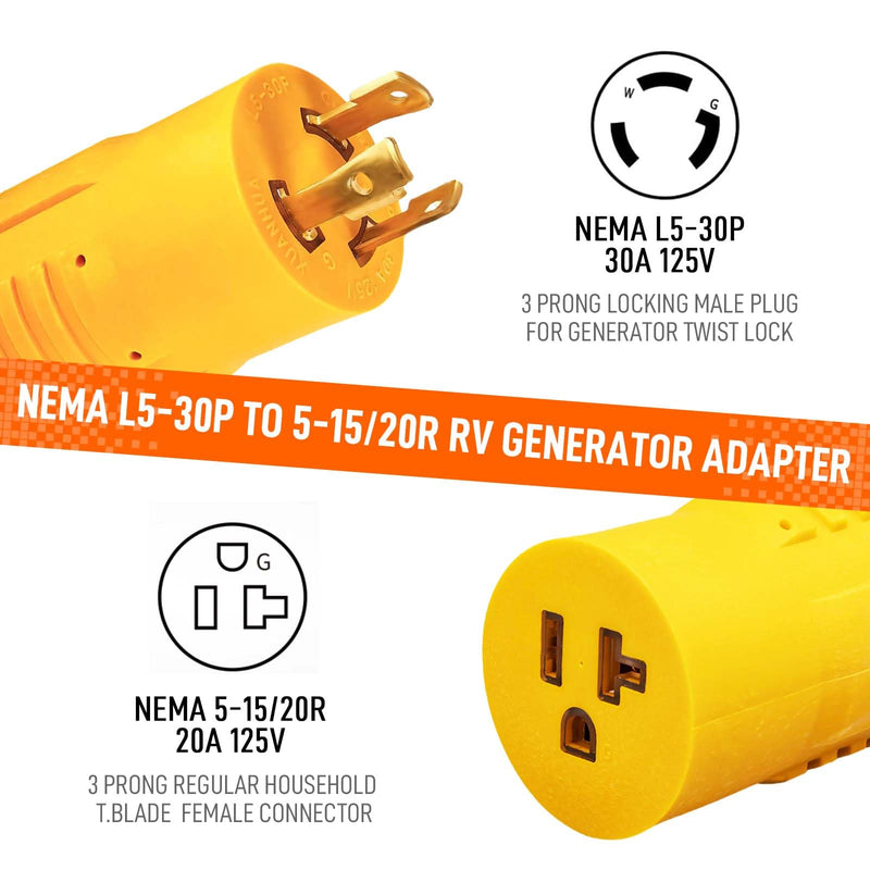NEMA L5-30P to 5-15/20R RV Generator Adapter, 3-Prong Locking Generator Shore Power Adapter: NEMA L5-30P to Household Regular 5-15R/5-20R Inlet Connector - 30A to 110V/120V for RVs & Marine NEMA L5-30P to 5-15/20R Adapter