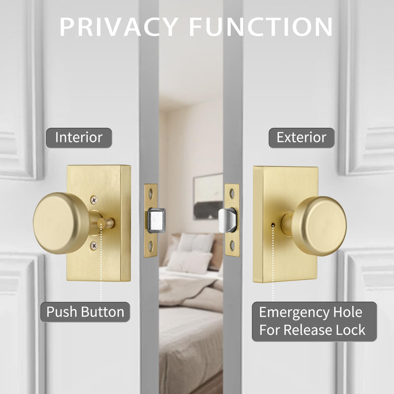 Gold Interior Door Knob for Bath & Bedroom Use | Zinc Rectangle Rosette, Push Lock for Privacy Gold
