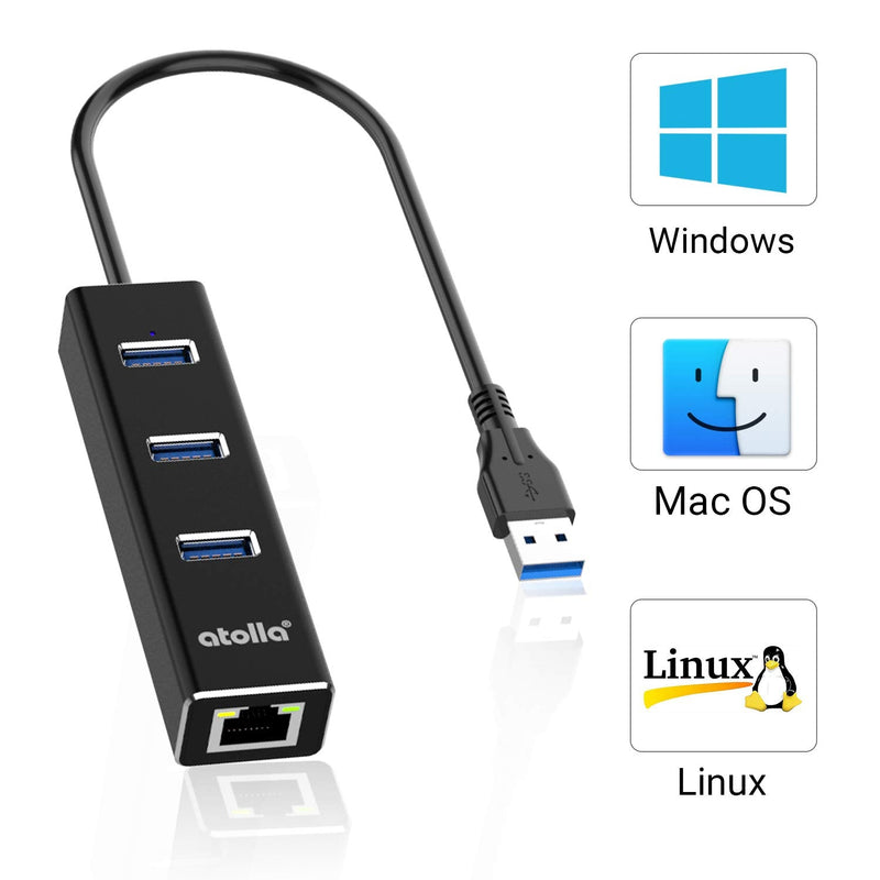 USB to Ethernet Adapter, atolla 3 Ports USB 3.0 Hub with 10/100/1000 Mbps LAN RJ45 Gigabit Network Adapter, Supports Windows 10/8/7, Mac OS, Linux