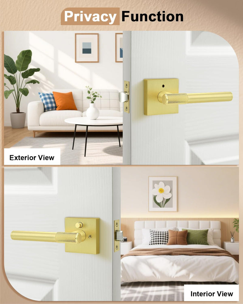 Probrico Brushed Gold Privacy Door Handle Interior, Knurled Keyless Locking Square Door Lever Handles, Reversible for Bathroom and Bedroom, 1 Pack