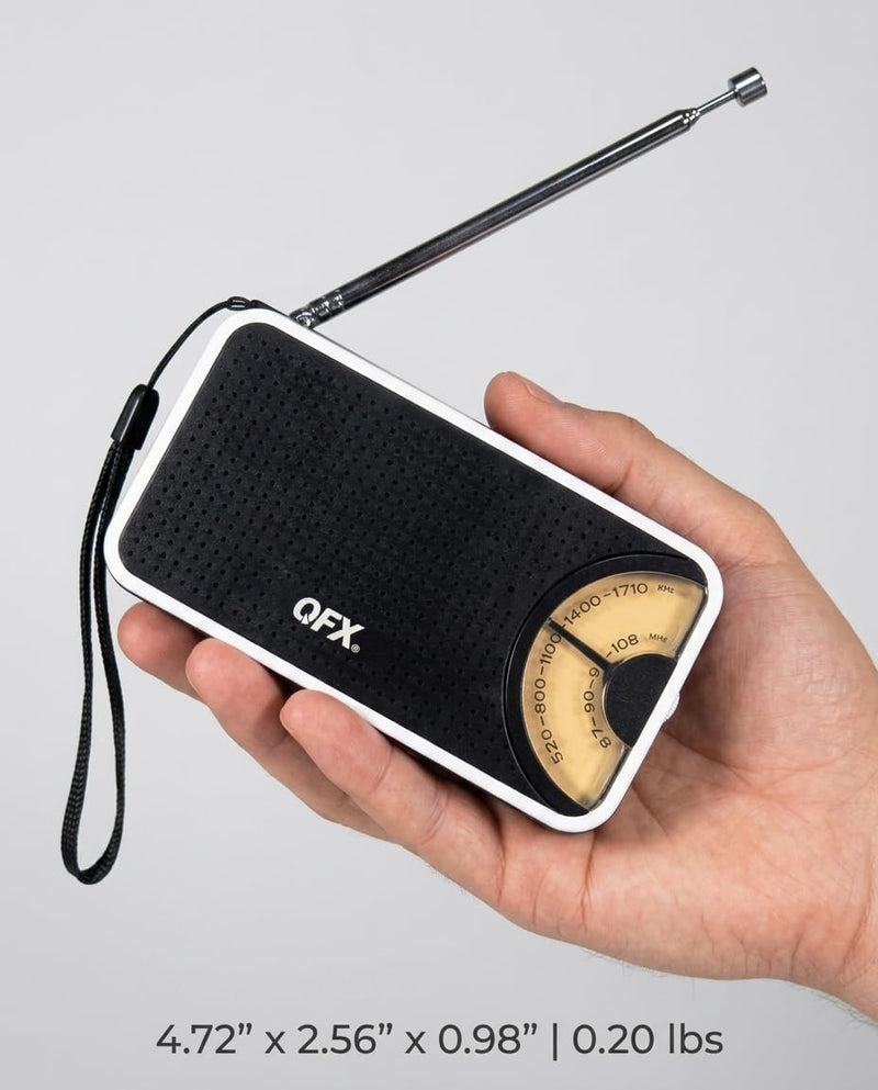 QFX Retro Pocket Portable AM FM Radio with Telescoping Antenna, R-70 | Analog Tuning, Built-In Speaker, Earphone Jack, Thumbwheel Volume Control, Battery Operated