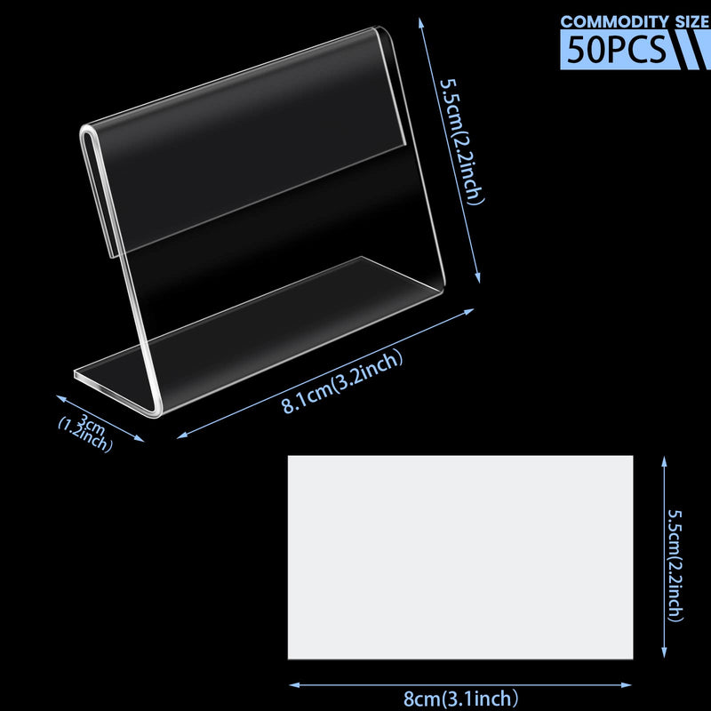 BILLIOTEAM 50pack Mini Clear Sign Display Holder with Blank Labels,3.2*2.2 Inch Horizontal Slanted L-Shape Plastic Name Card Price Card Tag Label Counter Top Stand 3.2*2.2 IN L