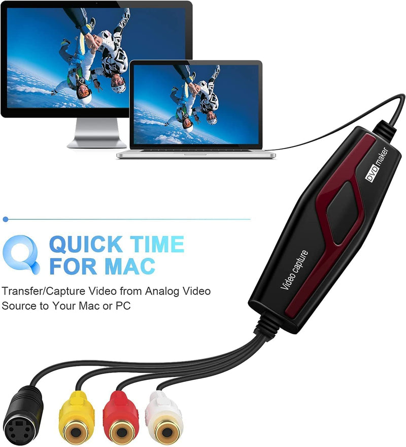 VHS to Digital Converter,Video Capture Card Device,VHS VCR Hi8 Mini DV to Mac Digital Converter,RCA to USB Video Converter for PC TV Tape Player Camcorder,MAC Windows Vista Compatible VHS to Digital Converter