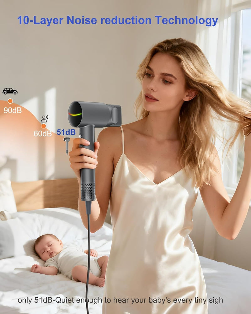 Healthkeep Hair Dryer with 2 Diffuser for Curly-Hair, High-Speed Constant-Temp 5 Mins Make Hairstyle, 200M Negative Ionic Blow-Dryer Moisturizing and Hair-Care, Low Noise 150,000 RPM Brushless Motor