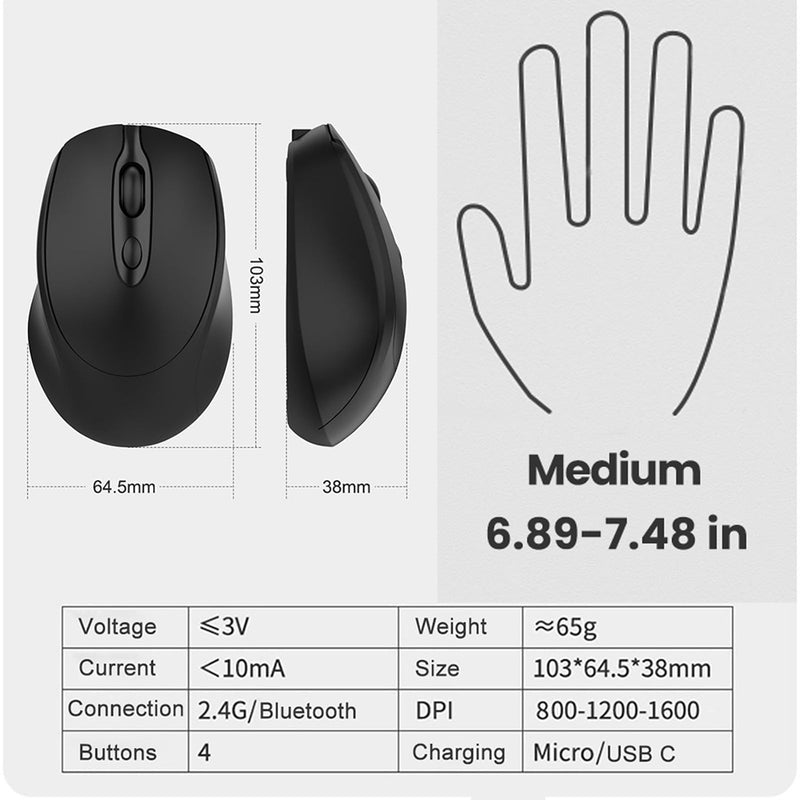 Bluetooth Wireless Mouse USB C for Macbook Air Pro/Computer/Laptop, Wireless Rechargeable Silent Ergonomic Mouse Type C for Mac/iPad/iMac/Surface (Black) Black