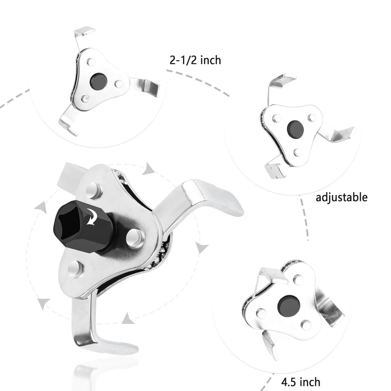 carleef Adjustable Oil Filter Wrench Tool,3 Jaw 2 Way Oil Filter Remover Tool from 2-1/2 Inch to 4.5 Inch,Universal Car Accessories Oil Filter Tool for Most Cars Trucks